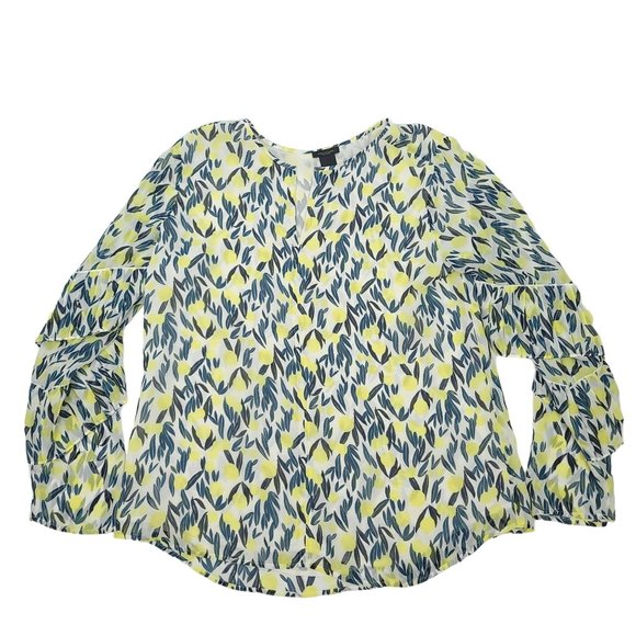 Ann Taylor Factory Floral Pullover Top Womens Size S Flutter Sleeves Yellow Blue - Picture 3 of 10